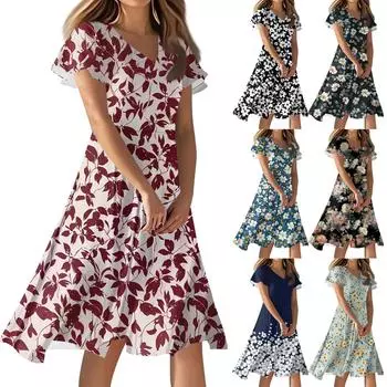 Женское повседневное модное платье с цветочным принтом и V-образным вырезом, короткая юбка с коротким рукавом XL розовый
