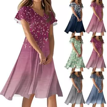 Женское повседневное модное платье с цветочным принтом и V-образным вырезом, короткая юбка с коротким рукавом L