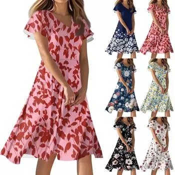 Женское повседневное модное платье с цветочным принтом и V-образным вырезом, короткая юбка с коротким рукавом L