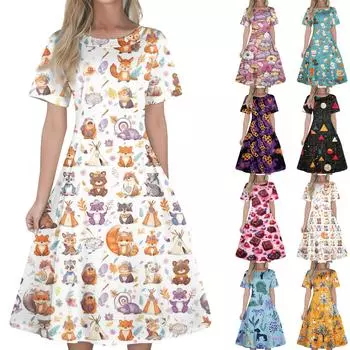 Женское повседневное модное платье с цветочным принтом и анималистичным принтом, с короткими рукавами и средней длиной. (с молнией) L