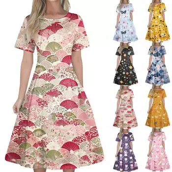 Женское повседневное модное платье с цветочным принтом и анималистичным принтом, с короткими рукавами и средней длиной. (с молнией) S
