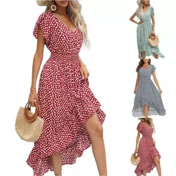 Женское повседневное модное платье с цветочным принтом и короткими рукавами, длинное платье с юбкой и длинной юбкой L