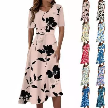 Женское повседневное модное платье с цветочным принтом, V-образным вырезом, короткими рукавами и длиной до талии L синий
