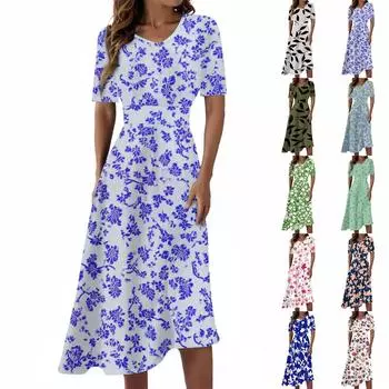 Женское повседневное модное платье с цветочным принтом, V-образным вырезом, короткими рукавами и длиной до талии XXL бежевый