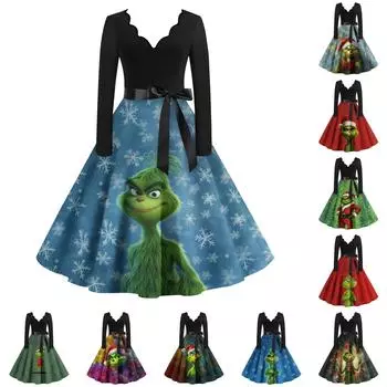 Женское повседневное модное платье с длинным рукавом и принтом, вечернее повседневное платье с V-образным вырезом и вырезом M зелёный