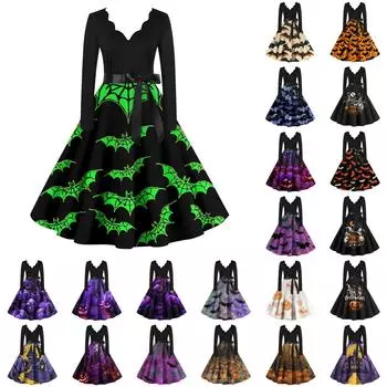 Женское повседневное модное платье с длинным рукавом и принтом, вечернее повседневное платье с V-образным вырезом и вырезом S чёрный