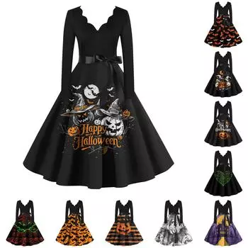 Женское повседневное модное платье с длинным рукавом и принтом, вечернее повседневное платье с V-образным вырезом и вырезом S чёрный