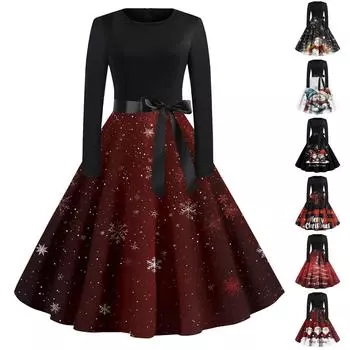 Женское повседневное модное платье с длинным рукавом и принтом, вечернее повседневное платье с круглым вырезом S