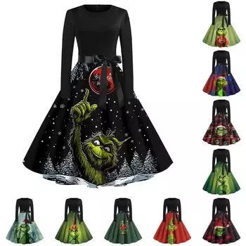 Женское повседневное модное платье с длинным рукавом и принтом, вечернее повседневное платье с круглым вырезом M