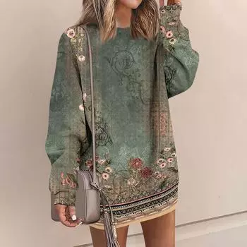 Женское повседневное модное платье с длинным рукавом с круглым вырезом и принтом L зелёный