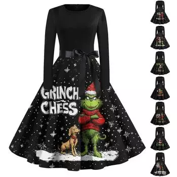 Женское повседневное модное платье с длинным рукавом и принтом, вечернее повседневное платье с круглым вырезом S оранжевый