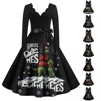 Женское повседневное модное платье с длинным рукавом и принтом, вечернее повседневное платье с V-образным вырезом и вырезом L армия зеленый