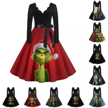 Женское повседневное модное платье с длинным рукавом и принтом, вечернее повседневное платье с V-образным вырезом и вырезом XL