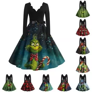 Женское повседневное модное платье с длинным рукавом и принтом, вечернее повседневное платье с V-образным вырезом и вырезом L армия зеленый