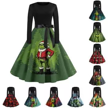 Женское повседневное модное платье с длинным рукавом и принтом, вечернее повседневное платье с круглым вырезом L армия зеленый