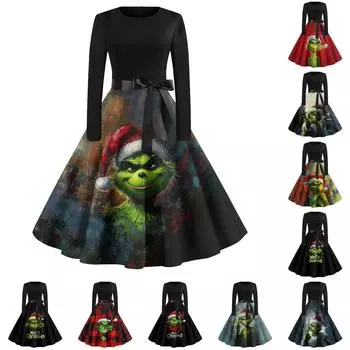 Женское повседневное модное платье с длинным рукавом и принтом, вечернее повседневное платье с круглым вырезом M жёлтый