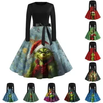 Женское повседневное модное платье с длинным рукавом и принтом, вечернее повседневное платье с круглым вырезом L армия зеленый