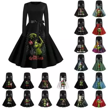 Женское повседневное модное платье с длинным рукавом и принтом, вечернее повседневное платье с круглым вырезом L армия зеленый