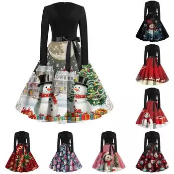 Женское повседневное модное платье с длинным рукавом и принтом, вечернее повседневное платье с V-образным вырезом и вырезом L чёрный