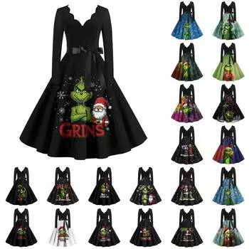 Женское повседневное модное платье с длинным рукавом и принтом, вечернее повседневное платье с V-образным вырезом и вырезом L армия зеленый