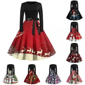 Женское повседневное модное платье с длинным рукавом и принтом, вечернее повседневное платье с круглым вырезом L красный