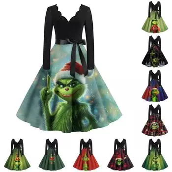 Женское повседневное модное платье с длинным рукавом и принтом, вечернее повседневное платье с V-образным вырезом и вырезом L армия зеленый