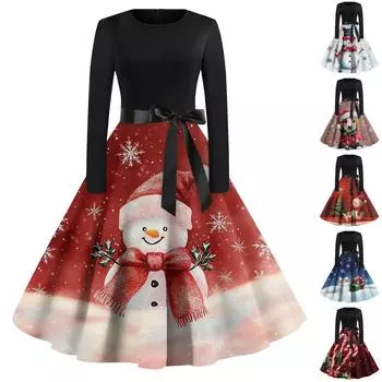 Женское повседневное модное платье с длинным рукавом и принтом, вечернее повседневное платье с круглым вырезом M белый