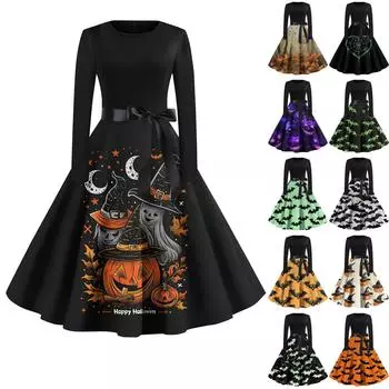 Женское повседневное модное платье с длинным рукавом и принтом, вечернее повседневное платье с круглым вырезом L армия зеленый