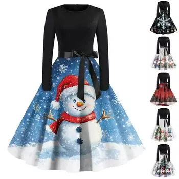 Женское повседневное модное платье с длинным рукавом и принтом, вечернее повседневное платье с круглым вырезом XXXL зелёный