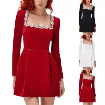 Женское повседневное модное платье с длинными рукавами и квадратным вырезом, сексуальное бархатное платье высокого класса L чёрный