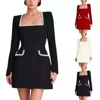 Женское повседневное модное платье с длинными рукавами и квадратным вырезом, сексуальное платье высокого класса L чёрный