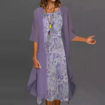 Женское повседневное модное платье с круглым вырезом средней длины и длиной из двух частей XL