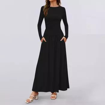 Женское повседневное модное платье с круглым вырезом и длинными рукавами L чёрный