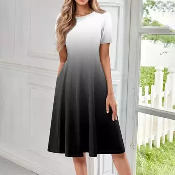 Женское повседневное модное платье с круглым вырезом и коротким рукавом средней длины с градиентом L чёрный