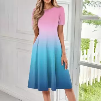 Женское повседневное модное платье с круглым вырезом и коротким рукавом средней длины с градиентом L синий