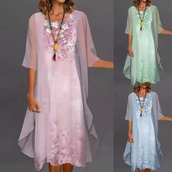 Женское повседневное модное платье с круглым вырезом средней длины и длиной из двух частей L мятный зеленый