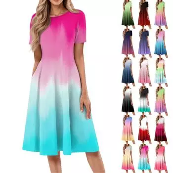 Женское повседневное модное платье с круглым вырезом и коротким рукавом средней длины с градиентом L чёрный