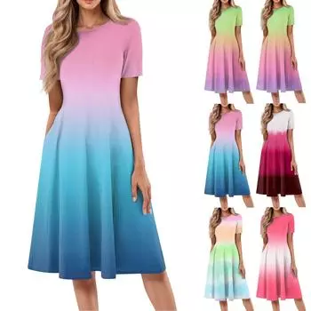 Женское повседневное модное платье с круглым вырезом и коротким рукавом средней длины с градиентом L синий