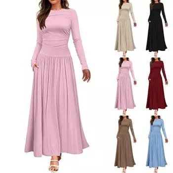 Женское повседневное модное платье с круглым вырезом и длинными рукавами M