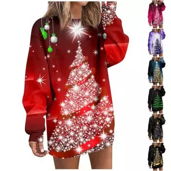 Женское повседневное модное платье с круглым вырезом и рождественским принтом, с длинными рукавами XL