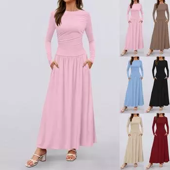 Женское повседневное модное платье с круглым вырезом и длинными рукавами L чёрный