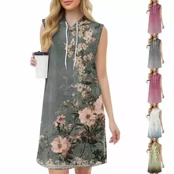 Женское повседневное модное платье с круглым вырезом без рукавов с принтом и капюшоном на шнурке L