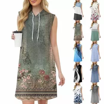 Женское повседневное модное платье с круглым вырезом без рукавов с принтом и капюшоном на шнурке XXL чёрный