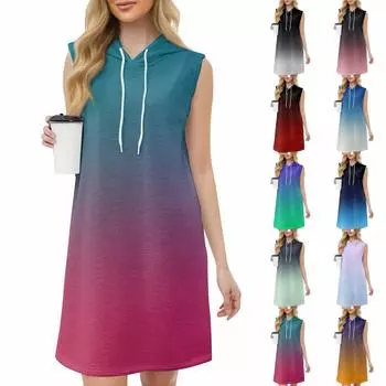 Женское повседневное модное платье с круглым вырезом без рукавов с принтом и капюшоном на шнурке XL чёрный