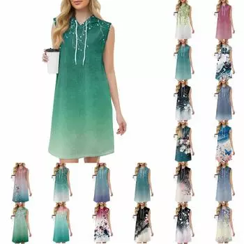 Женское повседневное модное платье с круглым вырезом без рукавов с принтом и капюшоном на шнурке L