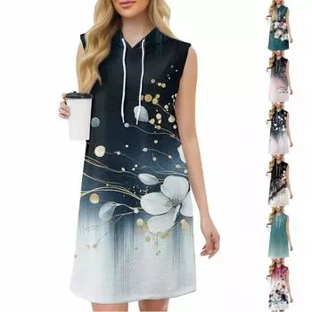 Женское повседневное модное платье с круглым вырезом без рукавов с принтом и капюшоном на шнурке L циан