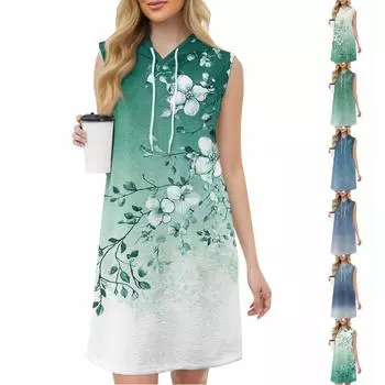 Женское повседневное модное платье с круглым вырезом без рукавов с принтом и капюшоном на шнурке XXL