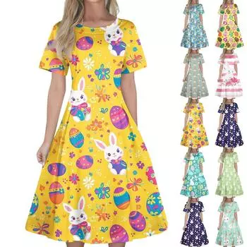 Женское повседневное модное платье с пасхальным принтом, круглое платье с коротким рукавом и талией, средней длины (с молнией) XXL хаки
