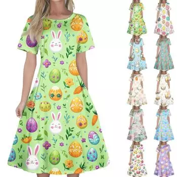 Женское повседневное модное платье с пасхальным принтом, круглое платье с коротким рукавом и талией, средней длины (с молнией) XXXXXL