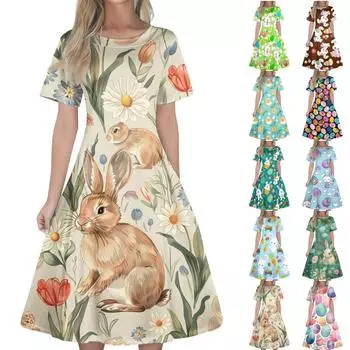 Женское повседневное модное платье с пасхальным принтом, круглое платье с коротким рукавом и талией, средней длины (с молнией) L чёрный